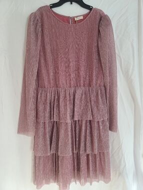 NWT Kori Dusty Pink Shimmer Tiered Long Sleeve Party Dress